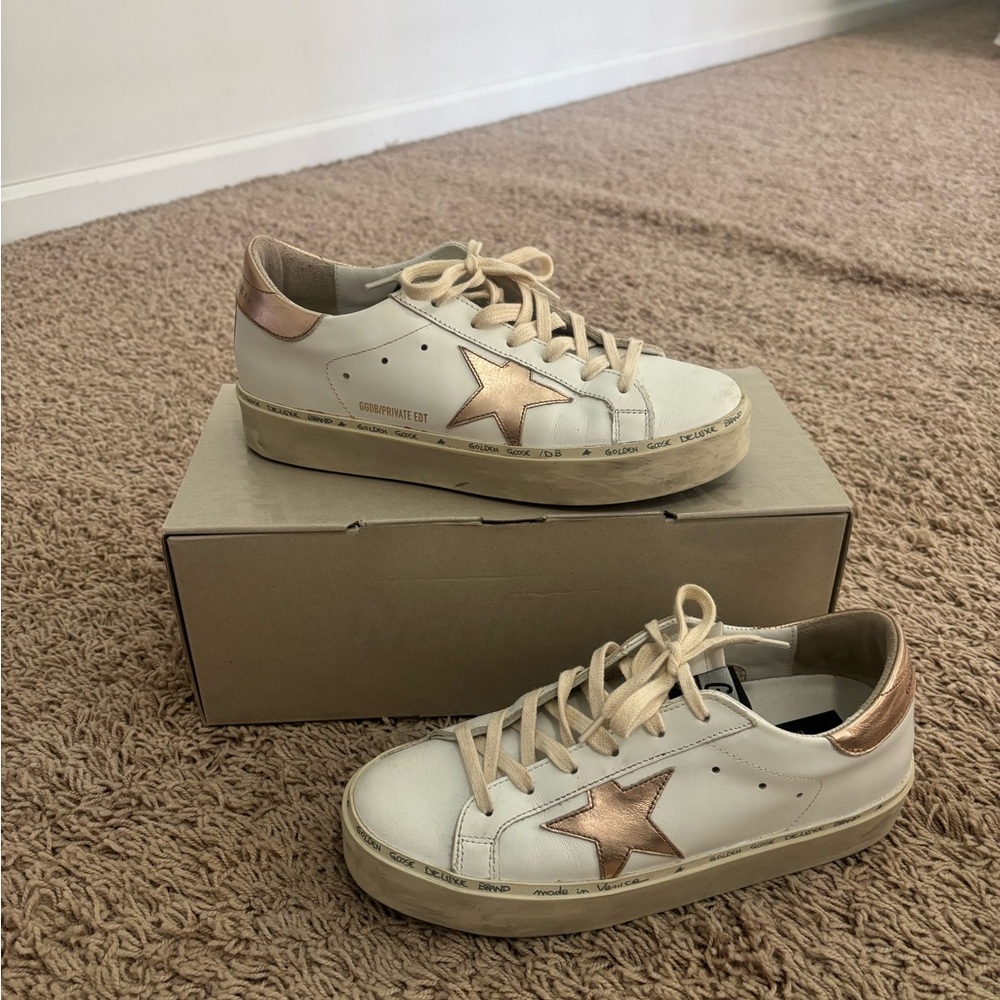 Golden Goose Cream and Rose Gold Star Hi Star Sneakers